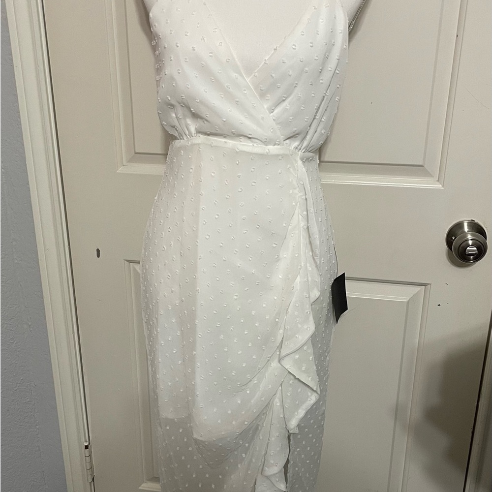 Lulus Elegant White Swiss Dot Ruffled Midi Dress